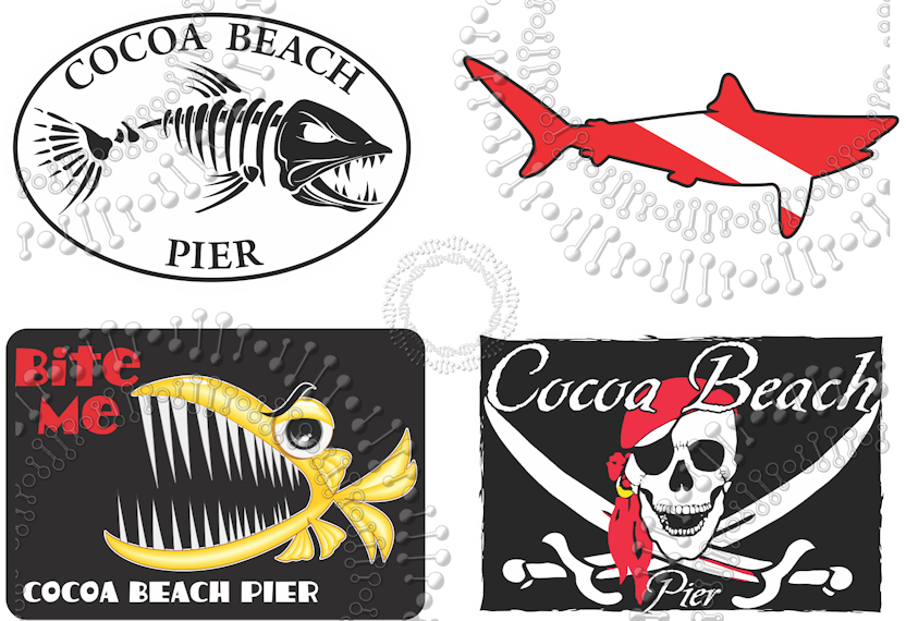 Cocoa Beach, FL - Cocoa Beach Pier - Pirate Flag, Bite Me, Dive Shark and Fishbonz Decal