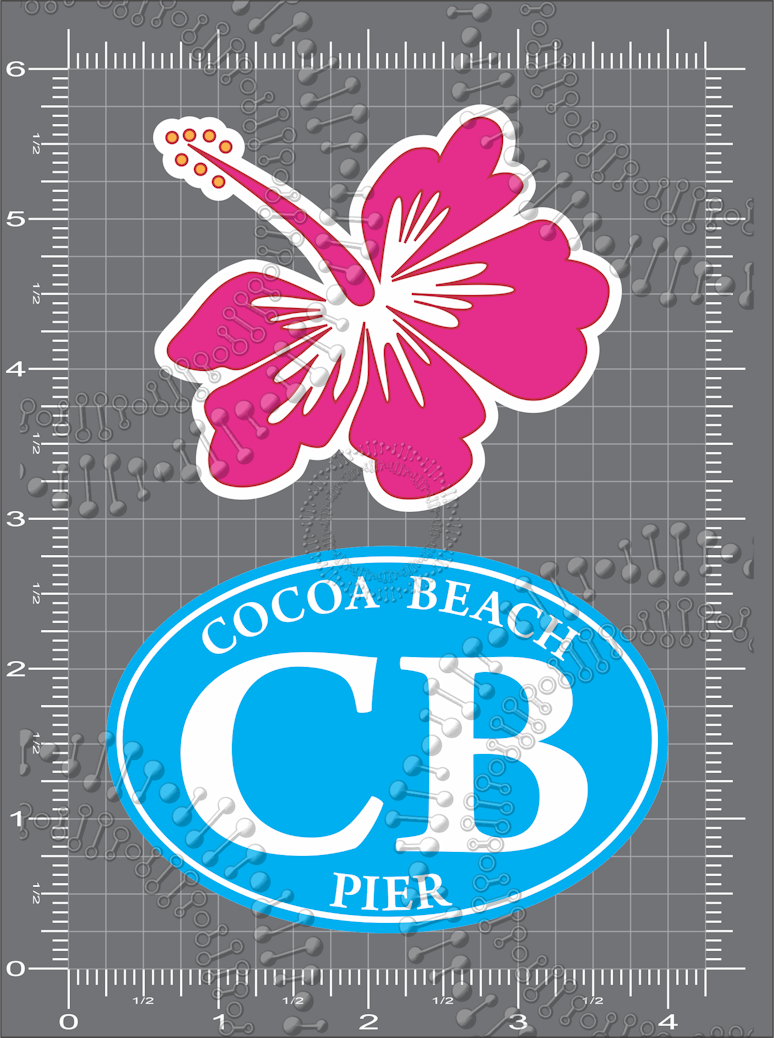 Cocoa Beach, FL - Cyan Cocoa Beach Pier Oval and Pink Hibiscus