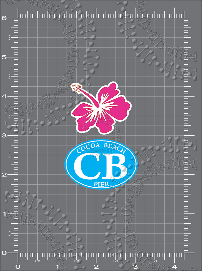 Cocoa Beach, FL - Cyan Cocoa Beach Pier Oval and Pink Hibiscus