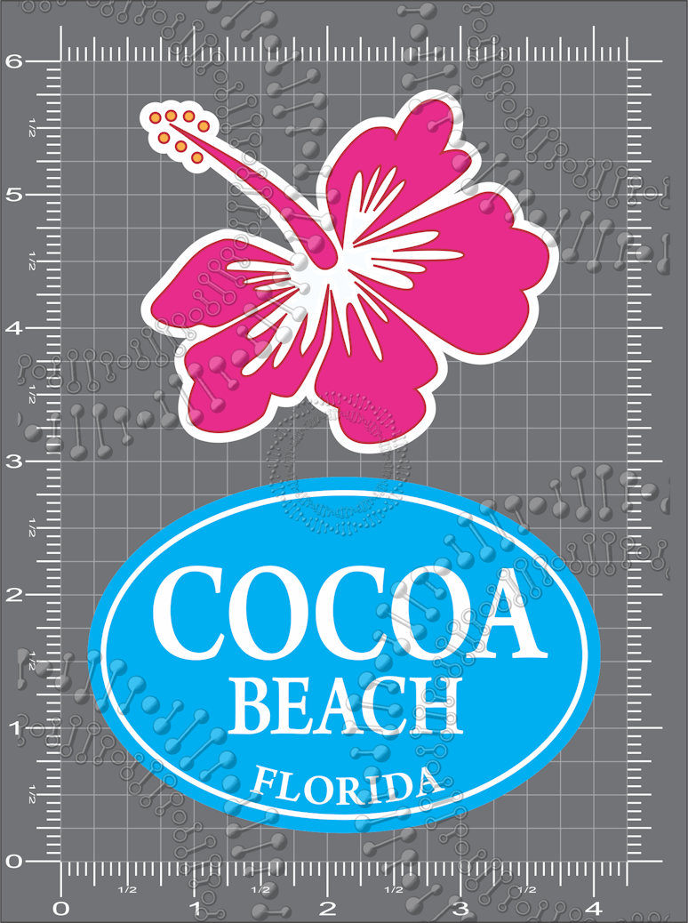 Cocoa Beach, FL - Pink Hibiscus and Cyan Cocoa Beach Oval Decal