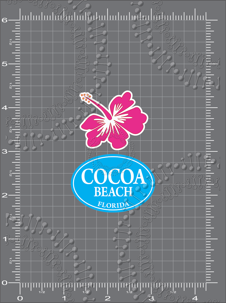 Cocoa Beach, FL - Pink Hibiscus and Cyan Cocoa Beach Oval Decal