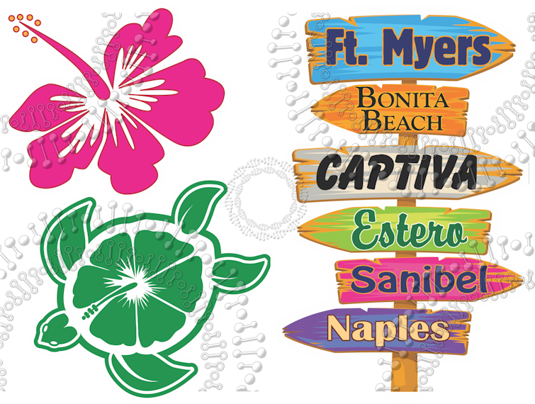 Fort Myers , FL - Directional Sign with Turtle, Hibiscus Decal