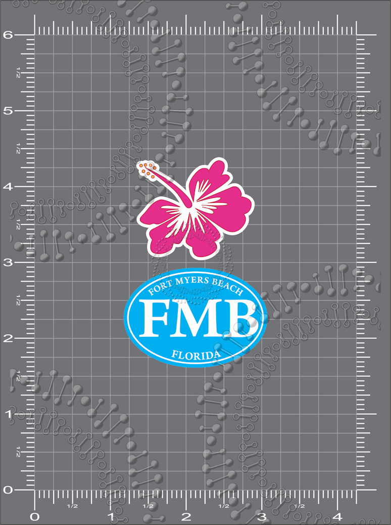 Fort Myers Beach, FL - Cyan FMB and Pink Hibiscus Decal