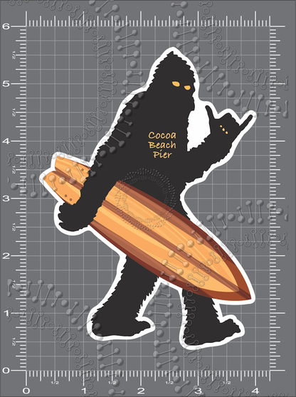Cocoa Beach, FL - Cocoa Beach Pier Bigfoot with Surfboard Decal
