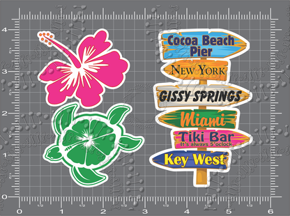 Cocoa Beach, FL - Cocoa Beach Pier Directional Sign with Turtle and Hibiscus Decal