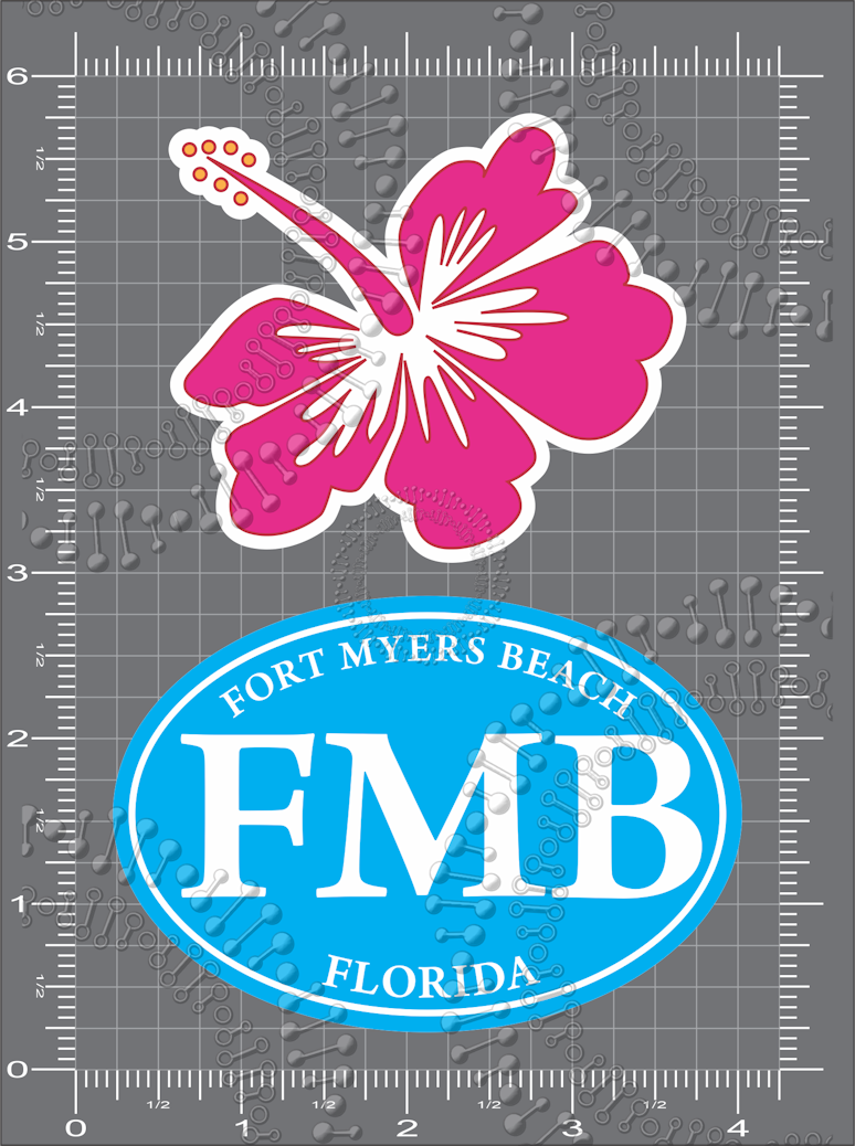 Fort Myers Beach, FL - Cyan FMB and Pink Hibiscus Decal