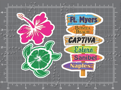 Fort Myers , FL - Directional Sign with Turtle, Hibiscus Decal