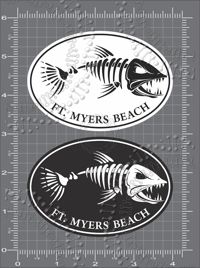 Fort Mywers Beach, FL - Black and White Fishbonz Decal