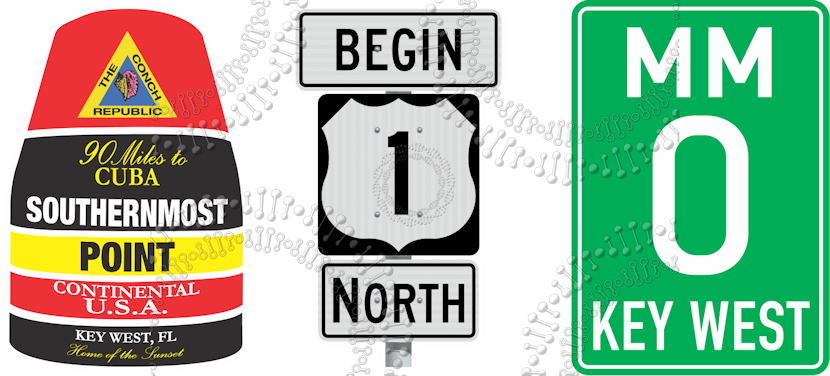 Key West, FL - Southern Most Point, Road Sign and Mile Maker 0 Decal