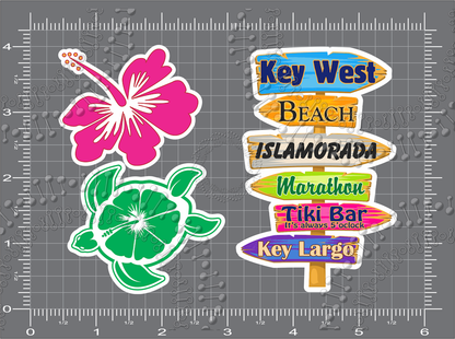 Key West, FL - Directional Sign with Turtle and Hibiscus Decal