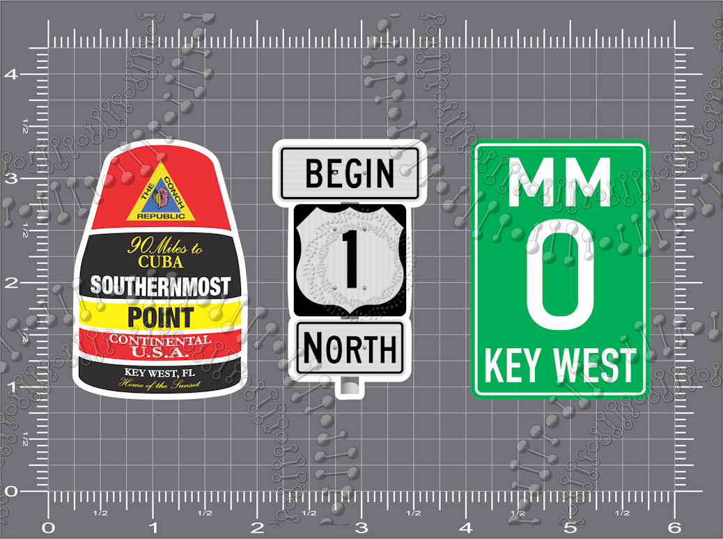 Key West, FL - Southern Most Point, Road Sign and Mile Maker 0 Decal