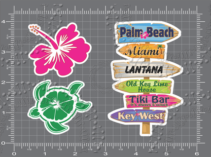 Palm Beach, FL - Directional Sign with Turtle, Hibiscus Decal